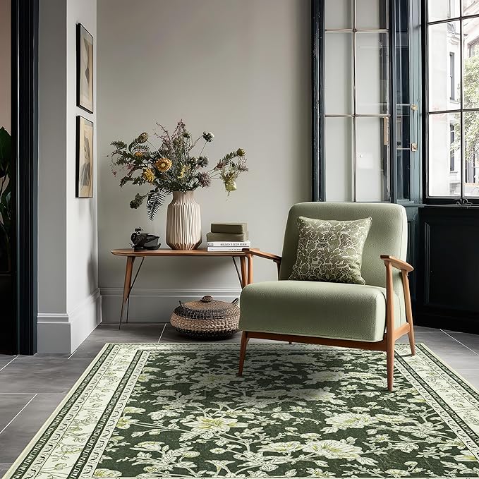 Olive Green Floral Print Area Rugs for Bedroom Living Room Boho Farmhouse Country Rustic Dining Room Carpet Soft Washable Rugs Non Slip Floor Covering for Nursery Playroom 3x5