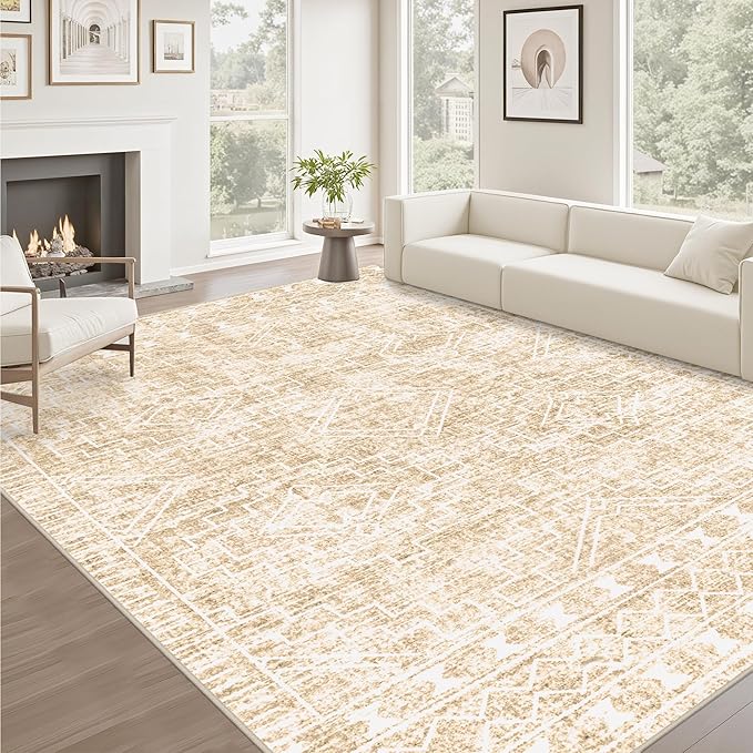 10x14 Area Rugs Living Room Rug: Washable Rug Neutral Lagre Soft Thin Carpet Indoor Floor Non Slip Boho Geometric Moroccan Carpets for Bedroom Dining Room Farmhouse Nursery Office - Beige