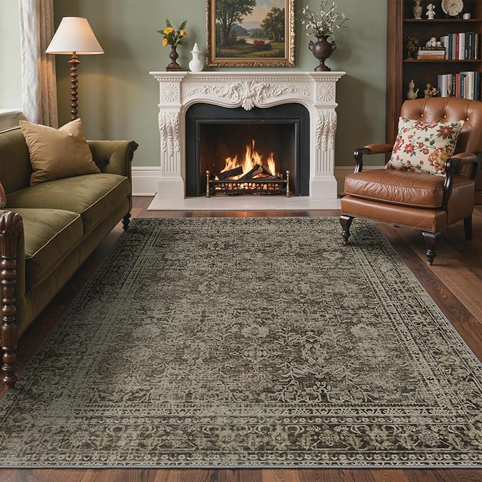 8x10 Area Rug Machine Washable Boho Rug for Living Room,Ultra-Thin Low Pile Carpet,Lightweight Indoor Printed Rug,Non Slip Floral Area Rug for Bedroom, Dining Room, Home Office,Vintage Sage Green