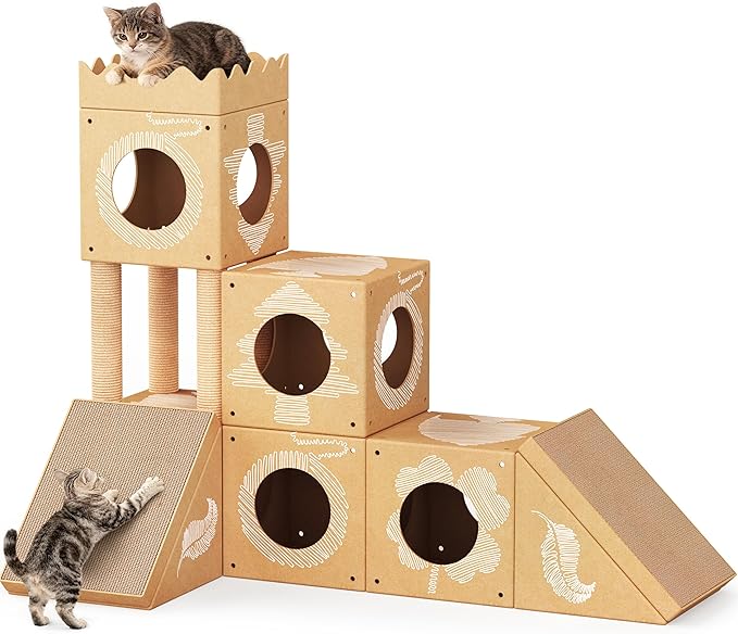 DIY Cardboard Cat House, Multi-Level Cat Tree Tower with Scratching Posts, Scratching Pad, Tunnel & Playhouse for Kittens & Adult Cats, Recyclable 48.8" × 25" × 40.16", Kraft Brown