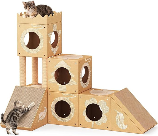 DIY Cardboard Cat House, Multi-Level Cat Tree Tower with Scratching Posts, Scratching Pad, Tunnel & Playhouse for Kittens & Adult Cats, Recyclable 48.8" × 25" × 40.16", Kraft Brown