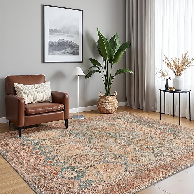 Bavni Washable Rug 5x7 Area Rug for Living Room Bedroom Dining, Washable Vintage Print Carpet, Ultra-Thin Chenille Low Pile Lightweight Rug with Non Slip Backing, Clay