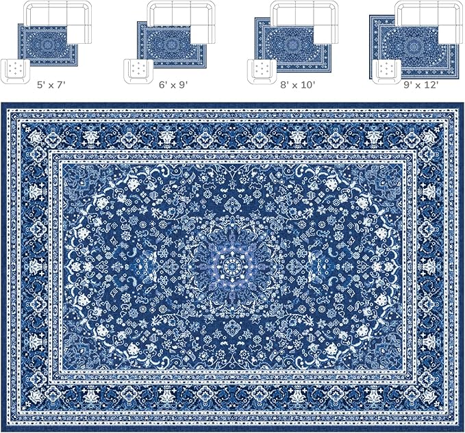 Lessymo 8 x 10 Area Rugs for Living Room- Machine Washable Area Rugs Boho Faux Wool Low Pile Area Rug for Bedroom Floral Medallion Vintage Rugs with Non-Slip Rubber, Kid & Pet Friendly, Blue White