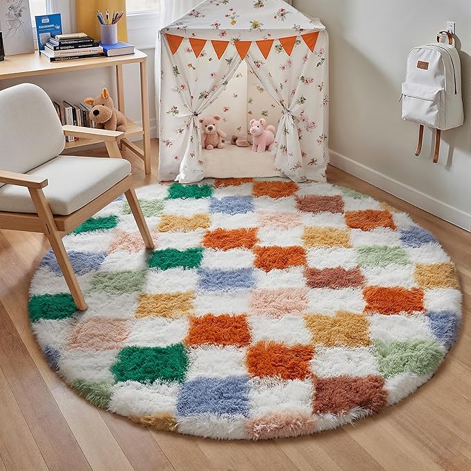 Checkered Rug 5x5 for Living Room, Modern Neutral Shag Rug Washable Non-Slip Large Area Rug Super Soft Indoor Fuzzy Carpet Fluffy Rugs for Bedroom Home Aesthetic Decor