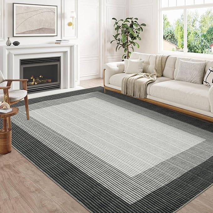 GarveeHome Area Rugs 9x12 for Living Room, Modern Bordered Machine Washable Rug Large Soft Carpet Bedroom Non Slip Stain Resistant Neutral Solid Carpet Border 9x12 Area Rug for Farmhouse Grey