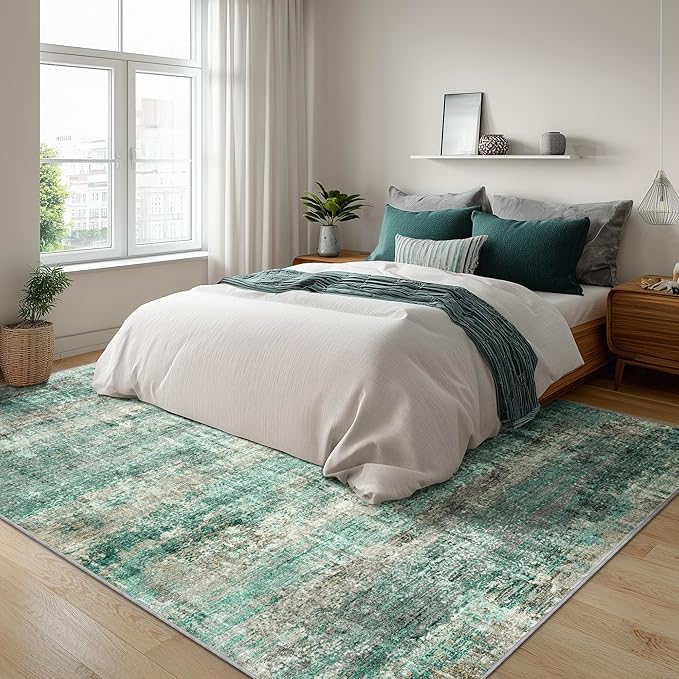 LEPEII 6x9 Area Rugs, Washable Modern Abstract Area Rugs for Living Room, Indoor Neutral Area Rug for Bedroom, Dining Room, Low Pile Non-Slip Non Shedding Rugs-Green