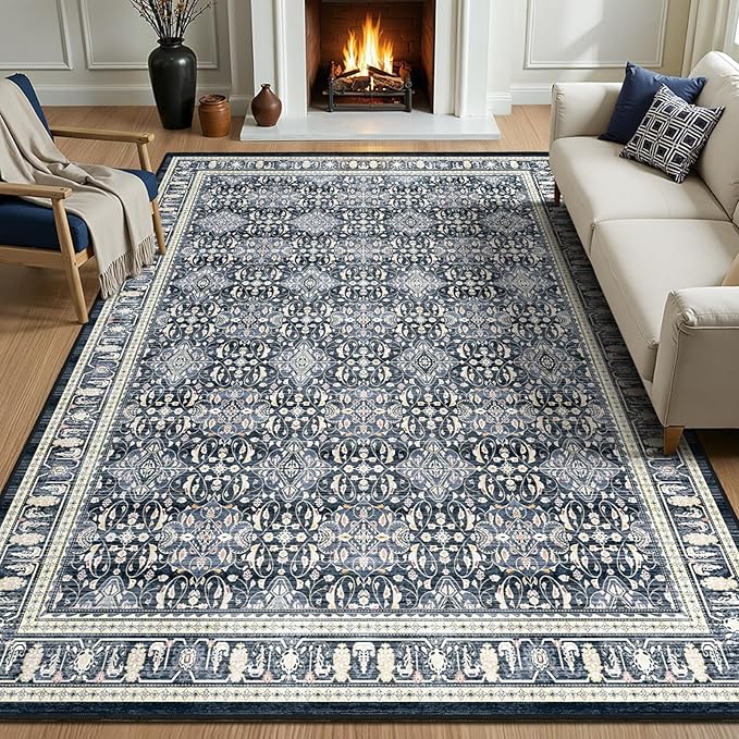 Living Room Rugs 6x8, Transitional Moroccan Floral Trellis Area Rugs for Bedroom Dining Room, Washable Non Slip Low Pile Thin Carpet Rug for Playroom Guest Room Home Office, Dark Blue