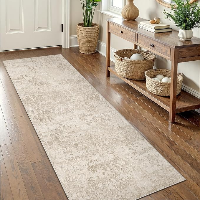 Art&Tuft Runner Rug 2'6x6' - Anti-Slip Backing Abstract Hallway Rug, Stain Resistant Kitchen Rugs, Foldable Machine Washable Area Rug 2.6x6, Beige