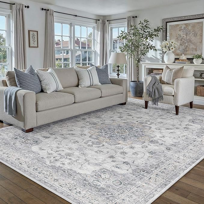 HUGEAR Machine Washable Area Rugs 5x7 Vintage Blue Living Room Bedroom Rug Neutral Style Non Slip Stain Resistant Low Pile Throw Carpet for Home Retro Aesthetic Modern Decor