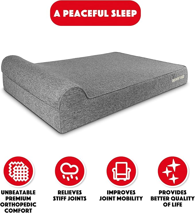 The Dog’s Bed Orthopedic Memory Foam Dog Bed with Headrest, Linen Fabric, Grey Linen, XXL, 6-Inch