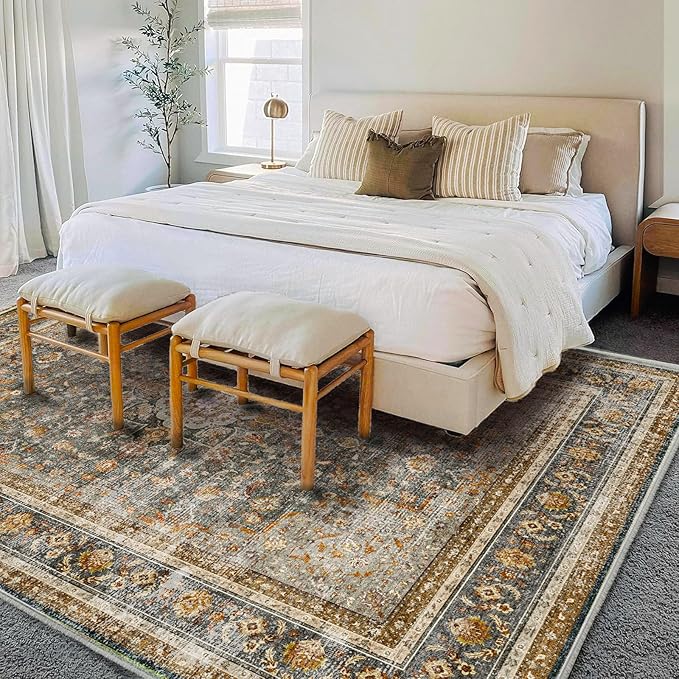 Washable Area Rug 10'x14' Boho Design Non-Shedding Easy Care Ideal for High Traffic Areas in Living Room Bedroom Office Coffee Table Kitchen Large Carpet