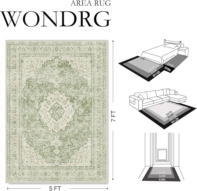 6x9 Green Washable Vintage Area Rug for Living Room Bedroom Soft Tranditional Non Slip Large Throw Rug Lightweight Floral Low Pile Distressed Carpet Office Playroom Home Decor