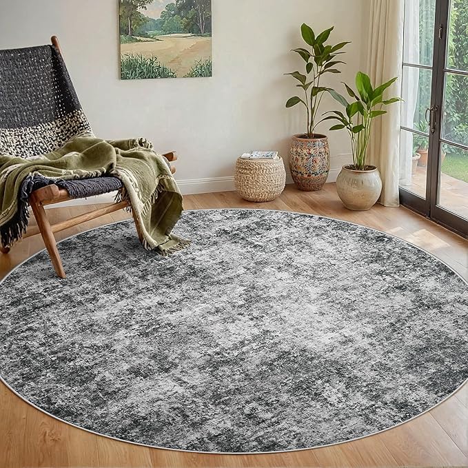 Round Rug 5ft Circle Rug Washable: Carpet Small Circular Area Rug for Entryway Kitchen Bedroom Dining Room Living Room 5 Feet Abstract College Dorm Non Slip Low Pile Black Grey