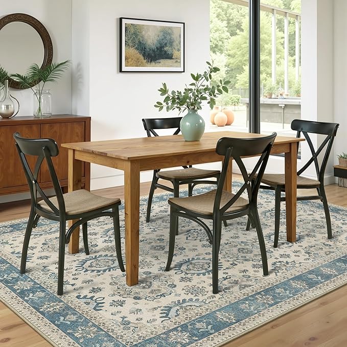 8x10 Area Rug Machine Washable Boho Rug for Living Room,Ultra-Thin Low Pile Carpet,Lightweight Indoor Printed Rug,Non Slip Floral Area Rug for Bedroom, Dining Room, Home Office,Blue