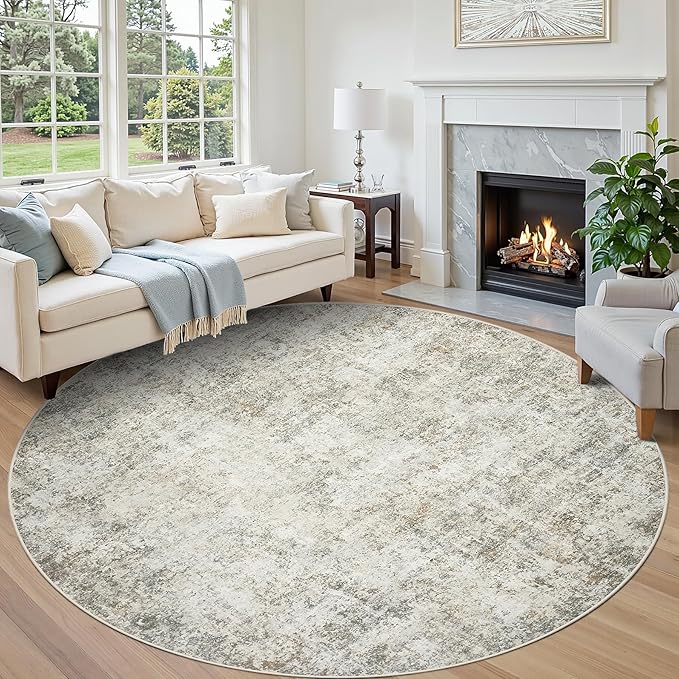Round Rug 8ft Circle Rug Washable: Carpet Circular Area Rug for Entryway Kitchen Bedroom Dining Room Living Room Large 8 Feet Abstract College Dorm Non Slip Low Pile Beige Brown