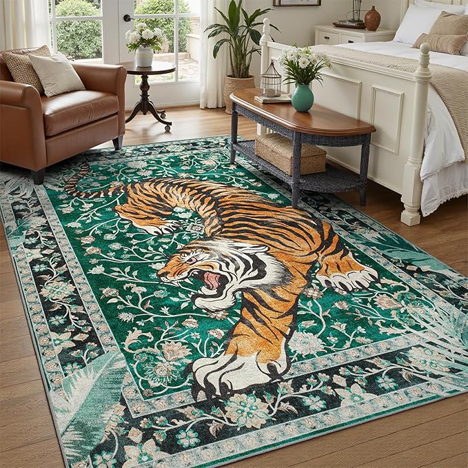DCX Washable 8x10 Tiger Area Rug, Green Vintage Animal Rug for Living Room, Soft Low Pile Carpet, Kid & Pet Friendly with Rubber Back Non Slip, Stain Resistant Rug for Bedroom Dining Room Office