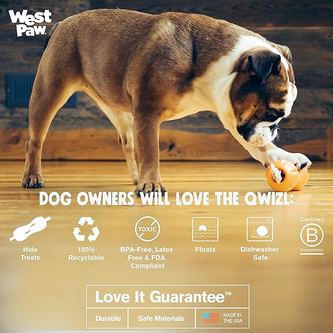 West Paw Zogoflex Qwizl Interactive Treat Dispensing Dog Puzzle Treat Toy for Dogs, 100% Guaranteed Tough, It Floats!, Made in USA, Large, Tangerine