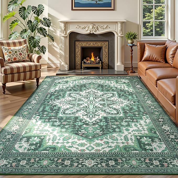 Rugflix 6x9 Area Rugs for Living Room, Machine Washable Rug Non Slip Stain Resistance, Large Rug Vintage Distressed Soft Carpet for Bedroom, Dining Room, Home Office, Green