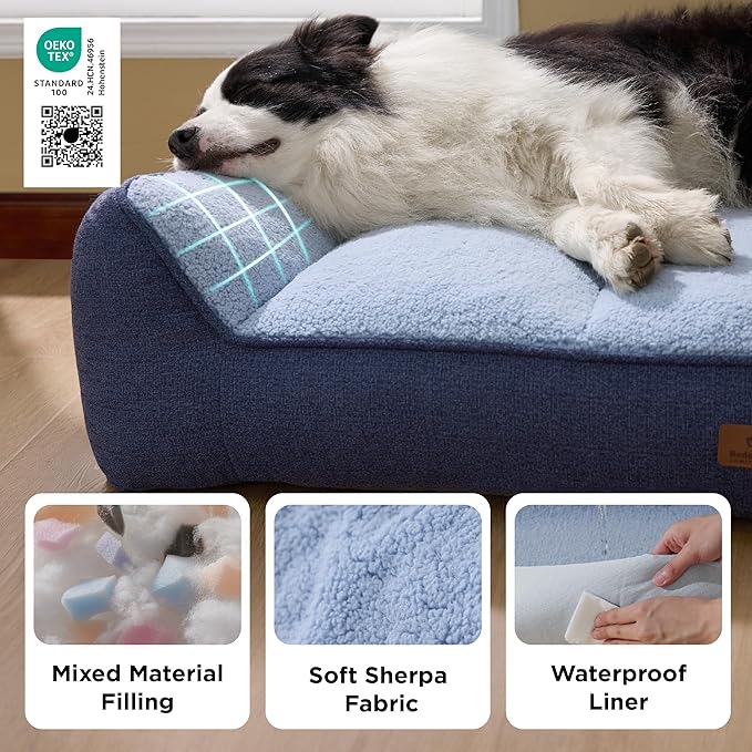 Bedsure SupportMax Orthopedic Dog Bed Medium Size Dog - Extra Thick Supportive Medium Dogs Beds with Waterproof Washable Cover, Comfort Pet Bed Sofa with Soft Sherpa and Nonskid Bottom, Blue, 35"