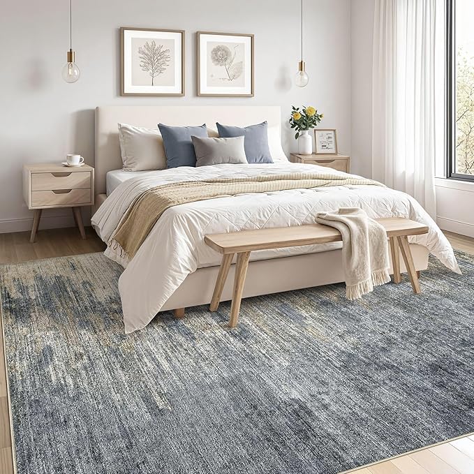 Area Rugs for Living Room: 8x10 Abstract Washable Rug Modern Neutral Large Soft Stain Resistant Non-Slip Backing Machine Table for Bedroom Dining Room Indoor Home Office Carpet - Blue Gold