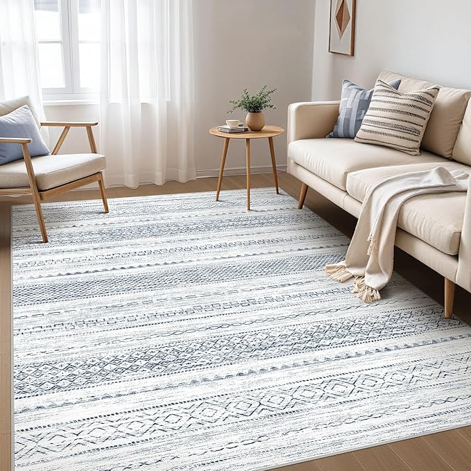 Nakagishi 5x7 Area Rugs Living Room: Washable Boho Large Neutral Soft Farmhouse Rug Stain Resistant Modern Indoor Floor Non-Slip Carpet for Bedroom Nursery Kids Playroom Office Dining Dorm-White Blue