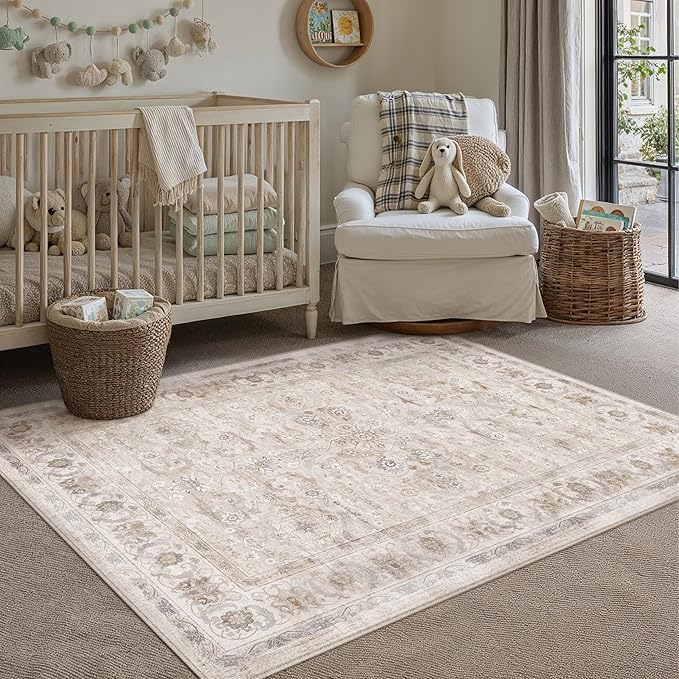3x5 Area Rug Entryway Beige Washable Vintage Carpet Office Small Indoor Non Slip Soft Low Pile Thin Stain Resistant Distressed Accent Throw Rug for Entrance Bedroom Dining Living Room