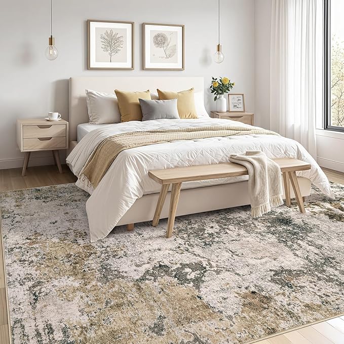 Area Rugs for Living Room: 10x12 Abstract Washable Rug Large Soft Stain Resistant Non-Slip Backing for Bedroom Dining Room Indoor Home Office Carpet for Kids Pet Friendly Families - Dark Brown