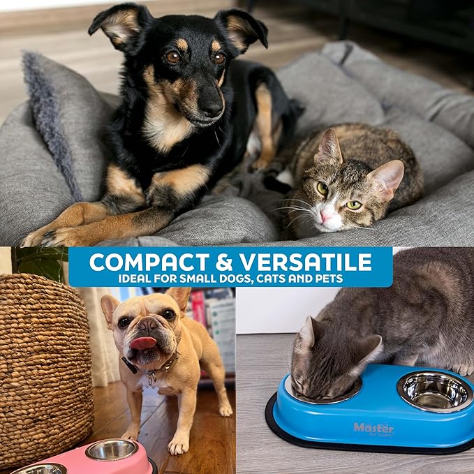 Master Pet Supply Double Dog Bowls Set with Elevated Base and 2 (8 oz) Stainless Steel Removable Dishes (Black Velvet) – Double Cat Food Water Bowl, Dog Puppy Food Bowl Set, Rust Resistant