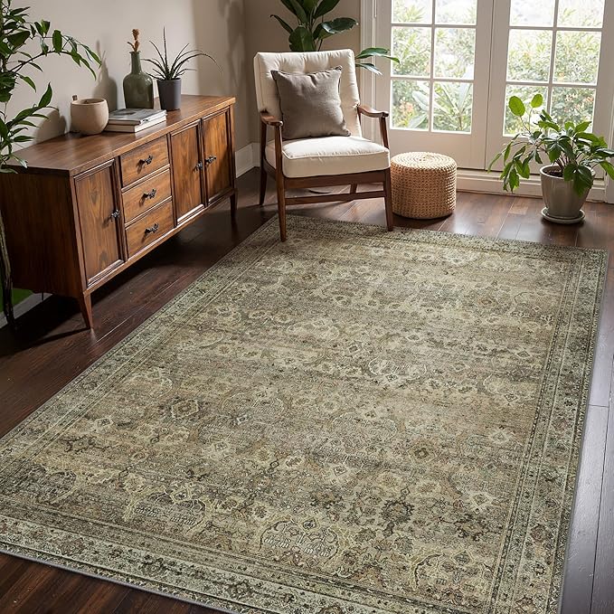 5x7 Area Rug Machine Washable Boho Rug for Living Room,Ultra-Thin Low Pile Carpet,Lightweight Printed Rug,Non Slip Floral Area Rug for Bedroom, Dining Room, Home Office,Sage