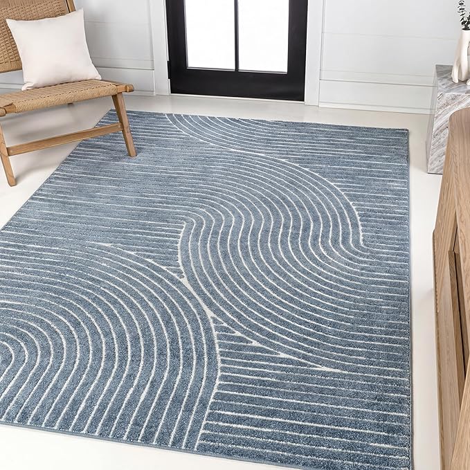JONATHAN Y Hallie High-Low Curve Dark Blue/Cream 5x8 Indoor/Outdoor Area Rug, Minimalist Geometric, Pet Friendly, for Patio, Backyard, Living Room, Bedroom, Office, Hose-Washable (SCN100C-5)