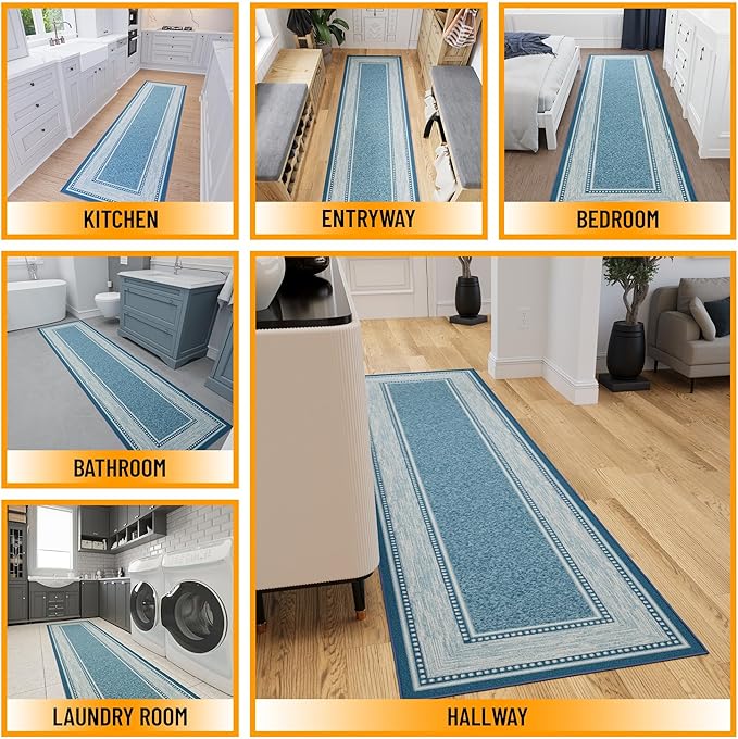 Ottomanson Hallway Runner Rug 2'7" x 9'10" Non Slip Border Area Rugs Easy to Clean Laundry Rug Runner Durable & Pet Friendly Floor Carpet Runners for Hallways Entryway Living Room Kitchen, Turquoise