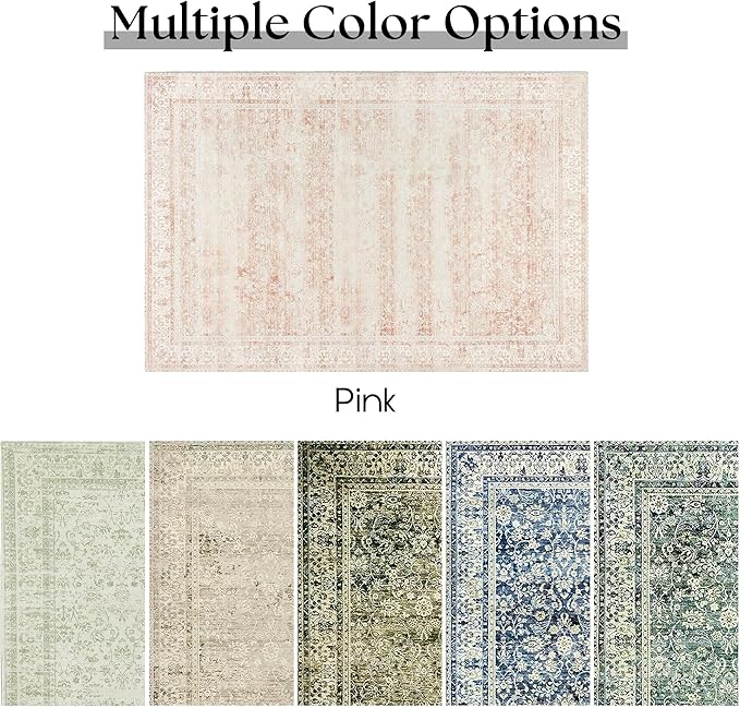 Light Pink Bedroom Rugs 6x9 Vintage Distressed Aesthetic Cute Boho Floral Feminine Low Pile Soft Carpet Machine Washable Stain Resistant Area Rugs for Kids Room Nursery Playroom Office 6 x 9