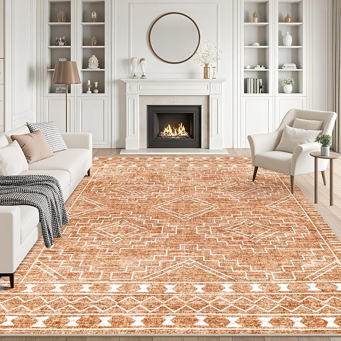 9x12 Area Rugs Living Room Rug: Washable Rug Neutral Lagre Soft Thin Carpet Indoor Floor Non Slip Boho Geometric Moroccan Carpets for Bedroom Dining Room Farmhouse Nursery Office - Dark Brown