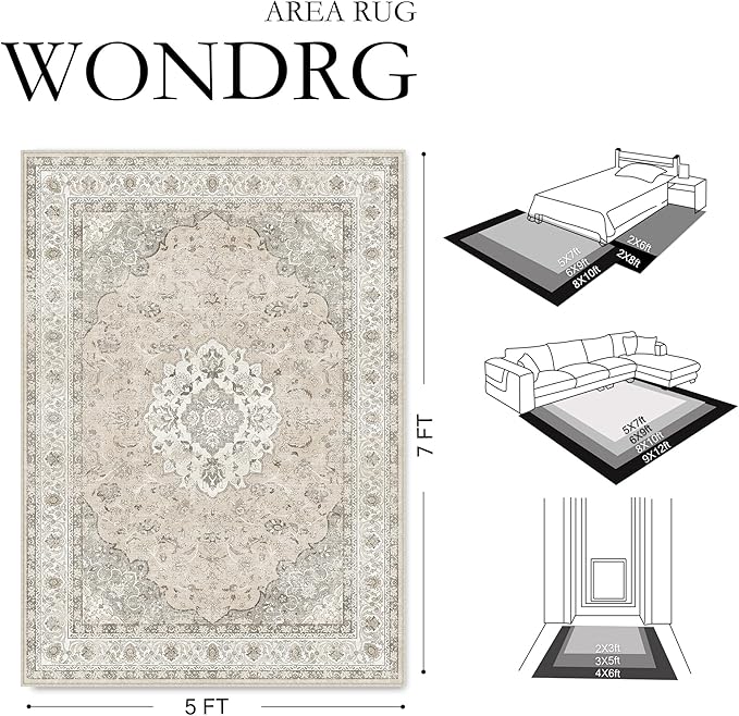 6x9 Neutral Washable Vintage Area Rug for Living Room Bedroom Beige Brown Soft Non Slip Large Throw Rug Lightweight Floral Low Pile Distressed Carpet Office Playroom Home Decor