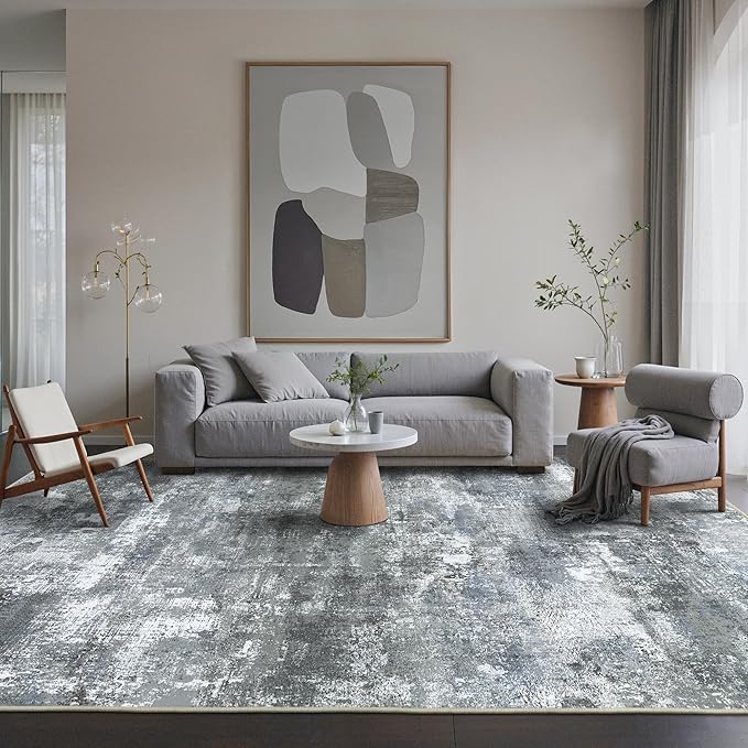 Area Rugs 6x9 for Living Room Bedroom, Modern Abstract Machine Washable Rug, Large Soft Low Pile Floor Carpet with Non Slip Backing for Dining Room, Silver Grey