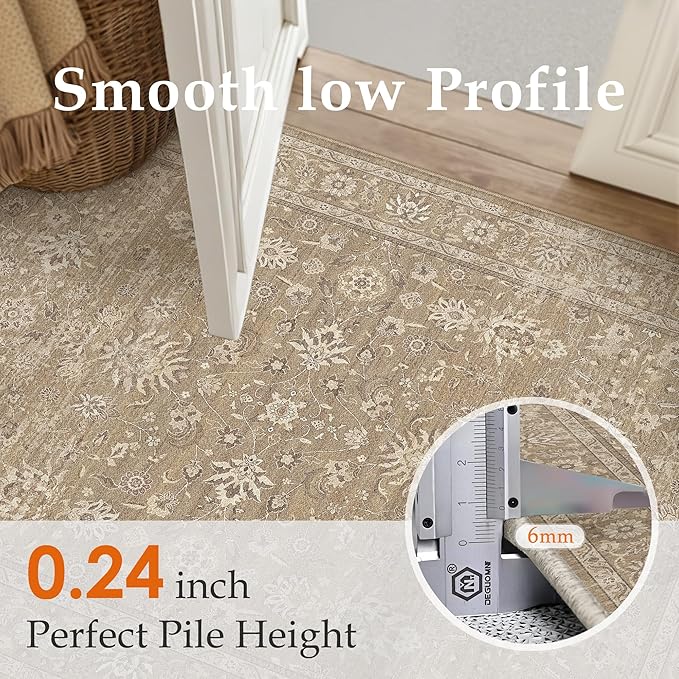 8x10 Area Rug Brown Washable Vintage Carpet Living Room Bedroom Large Non Slip Stain Soft Resistant Low Pile Thin Boho Accent Indoor Throw Rug for Dining Room Office