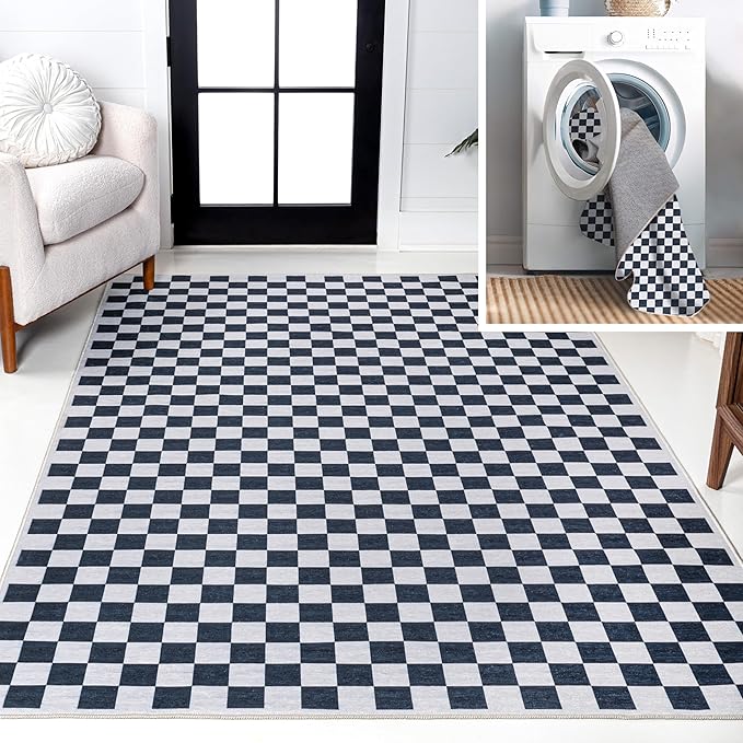 JONATHAN Y Machine Washable Indoor Area Rug 4X6 Dark Blue/White, Ainsley Modern Cottage Checkerboard for Living Room, Bedroom, Kitchen, Office, Easy-Cleaning, Pet-Friendly, Non-Shedding WSH126C-4