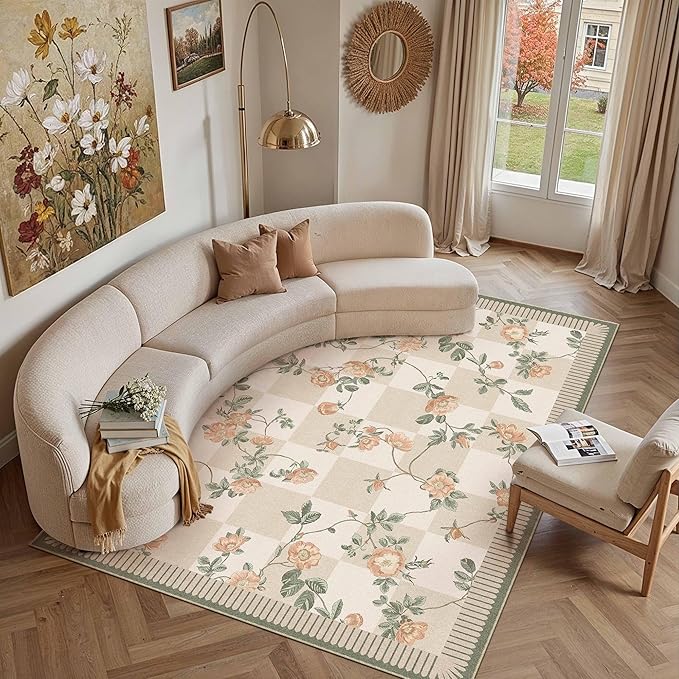 HUGEAR 9x12 Checkered Area Rugs Machine Washable Beige Large Living Room Rug Floral Print Non-Slip Stain Resistant Low Pile Indoor Throw Carpet for Bedroom Home Unique Aesthetic Modern Decor