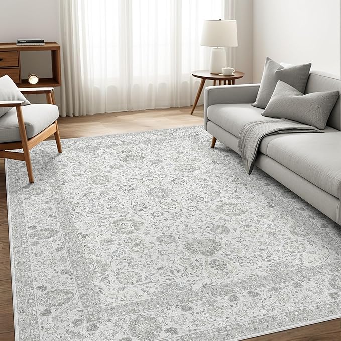 Deerly Light Grey Vintage 6x9 Nursery Rugs for Living Room, Rug Boho Washable Area Rug with Non-Slip Backing, Indoor Carpet for Bedroom Dining Room