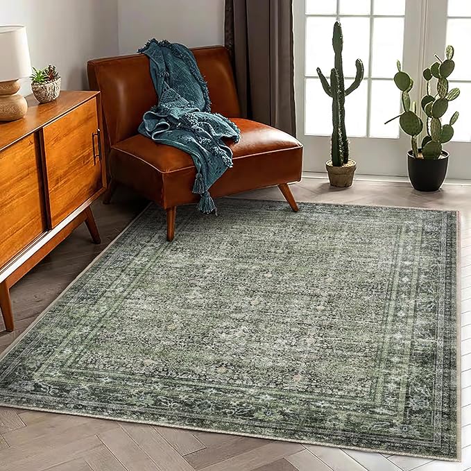 Area Rug 5'x7' Washable Rug Traditional Floor Cover Thin Retro Kitchen Indoor Distressed Non Slip Carpet for Living Room Bedroom Dining Room