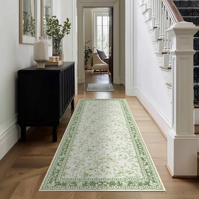 Sage Green Runner Rug 2x6 for Hallways, Non-Slip Washable Kitchen Runner Vintage Boho Farmhouse Floral Sketch Printed Rug Floor Carpet for Laundry Bedroom Entryway Green Cream Beige Flower Design