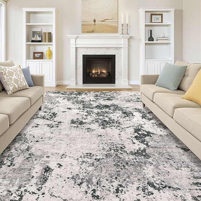 Area Rugs for Living Room: 12x15 Abstract Washable Rug Modern Neutral Large Soft Stain Resistant Non-Slip Backing Machine Table for Bedroom Dining Room Indoor Home Office Carpet - Dark Grey