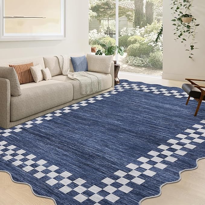 GarveeHome Area Rug 6x9 Large Living Room Modern Border Throw Rug with Rubber Backing Stain Resistant Dining Room Throw Carpet Washable Scalloped Rug for Bedroom Home Decor Office, Blue