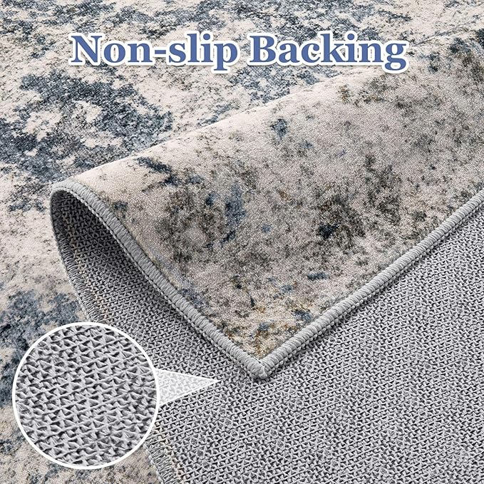 5ft Round Area Rugs for Living Room: 5x5 Abstract Washable Rug Modern Large Soft Stain Resistant Non-Slip Backing Machine Table for Bedroom Dining Room Indoor Home Office Carpet - Blue Brown