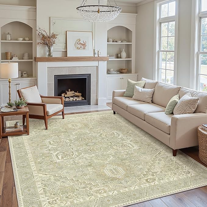 8x10 Area Rug Machine Washable Boho Rug for Living Room,Ultra-Thin Low Pile Carpet,Lightweight Indoor Printed Rug,Non Slip Floral Area Rug for Bedroom, Dining Room, Home Office,Taupe