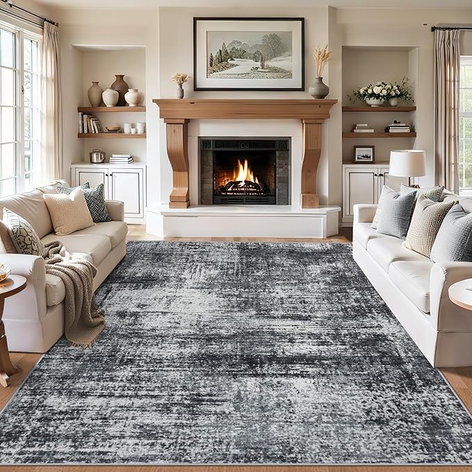 8x10 Area Rugs for Living Room - Washable Rug Modern Abstract Soft Large Neutral Non-Slip Carpet Indoor Floor Thin Carpets for Bedroom Dining Room Farmhouse Nursery Home Office Dark Black