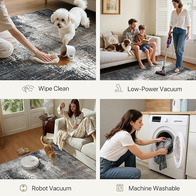 Area Rugs 10x12 for Living Room Bedroom, Modern Abstract Machine Washable Rug, Large Soft Low Pile Floor Carpet with Non Slip Backing for Dining Room, Black