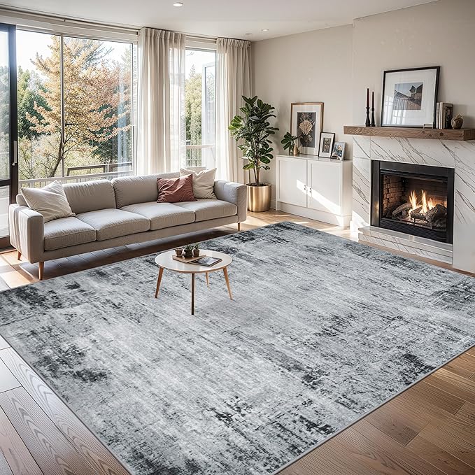8x10 Area Rugs for Living Room - Washable Rug Modern Abstract Soft Large Neutral Non-Slip Carpet Indoor Floor Thin Carpets for Bedroom Dining Room Farmhouse Nursery Home Office Black