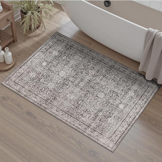 DCX Machine Washable Grey Entryway Rug 2x3, Non Slip Stain Resistant Vintage Floral Rug for Kitchen Bathroom Front Door Throw Rugs Indoor, Soft Low Pile Small Rugs for Entry