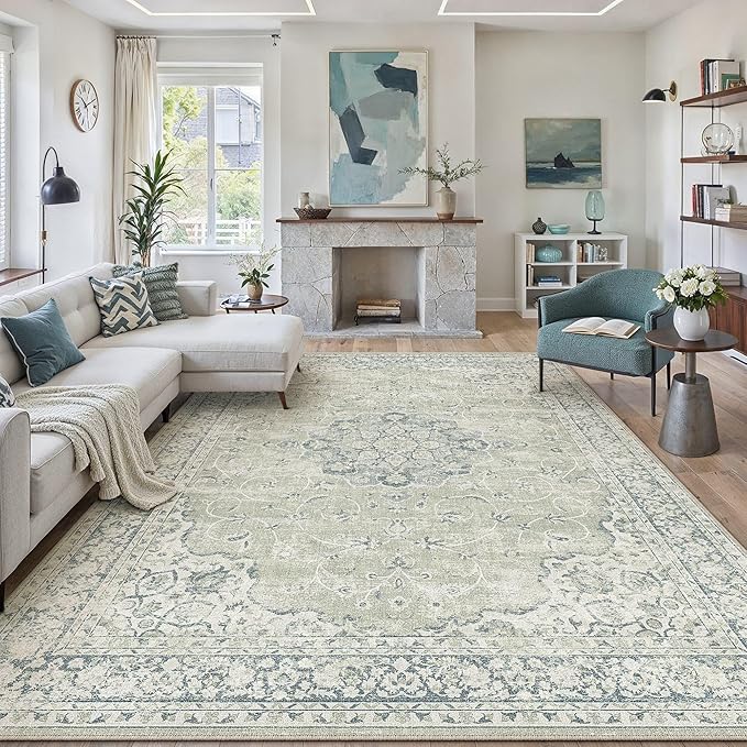 HUGEAR Machine Washable Area Rugs 8x10 Vintage Sage Green Large Living Room Bedroom Rug Neutral Style Non Slip Stain Resistant Low Pile Throw Carpet for Home Retro Aesthetic Modern Decor